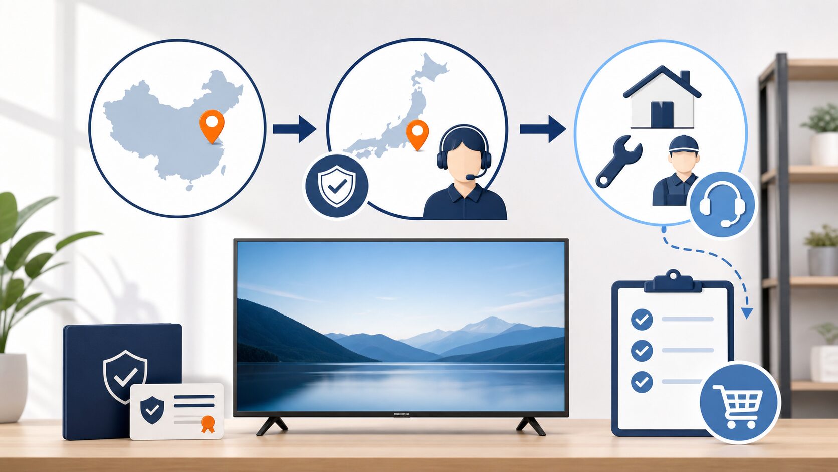 中国発メーカーと日本サポートを示すテレビ選びの図解