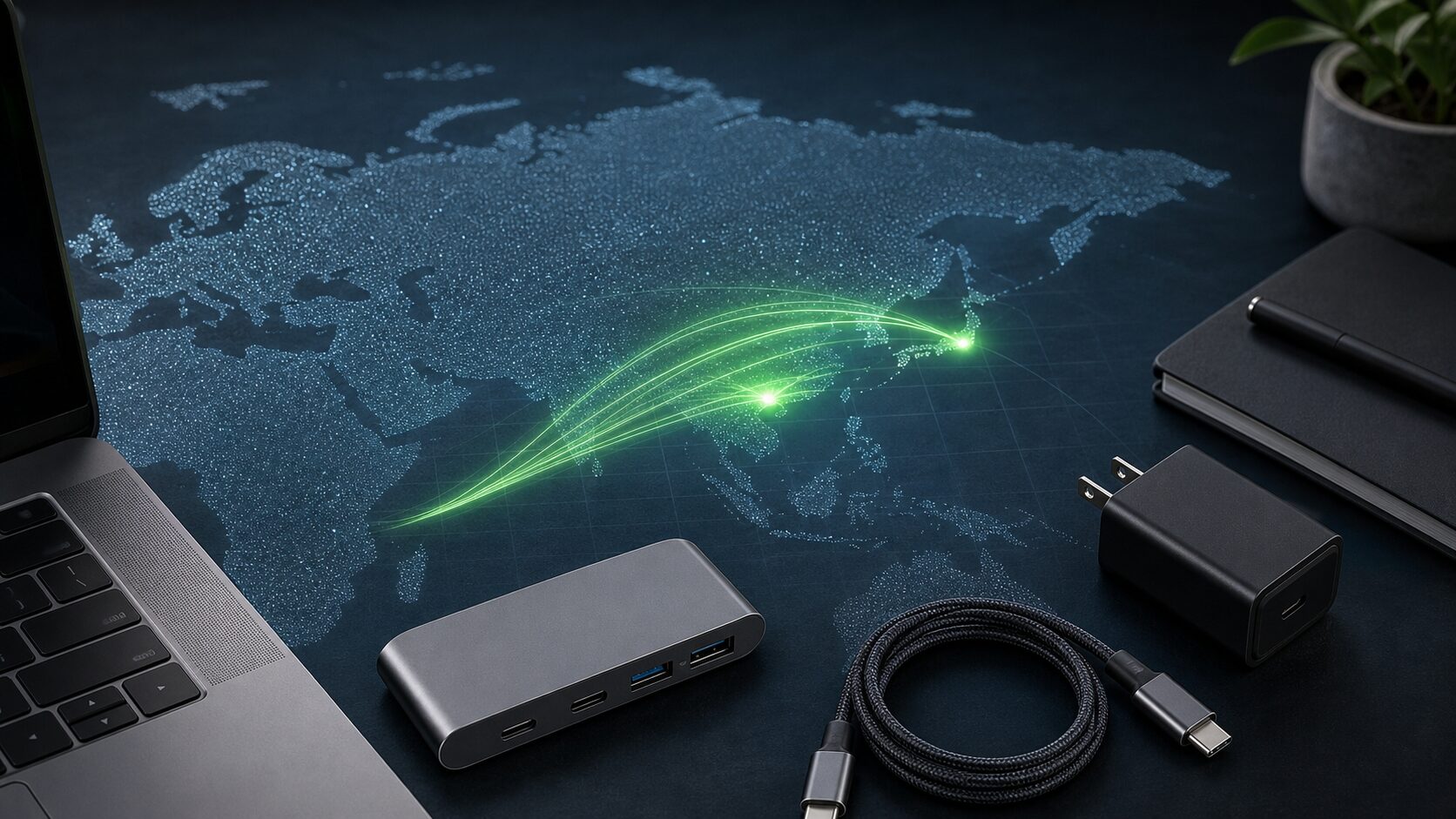 中国から日本へ広がるUGREENブランドとUSB-C周辺機器のイメージ