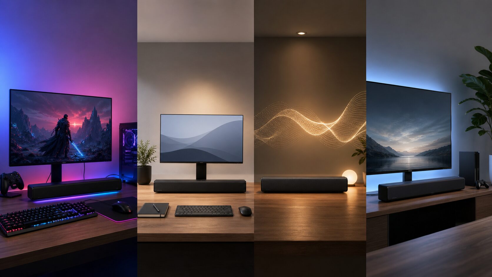 用途別にPCサウンドバー候補を比べるデスク画像