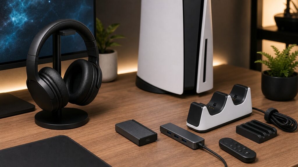 PS5周辺機器をデスクに並べたイメージ