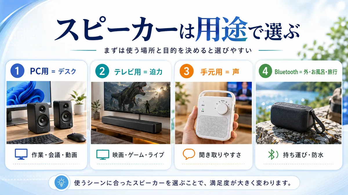 スピーカーは用途で選ぶ。PC用、テレビ用、手元用、Bluetooth用の違いを比較する図解