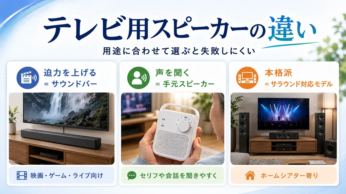 テレビ用スピーカーの違い。迫力を上げるサウンドバー、声を手元で聞く手元スピーカー、本格派のサラウンド対応モデル