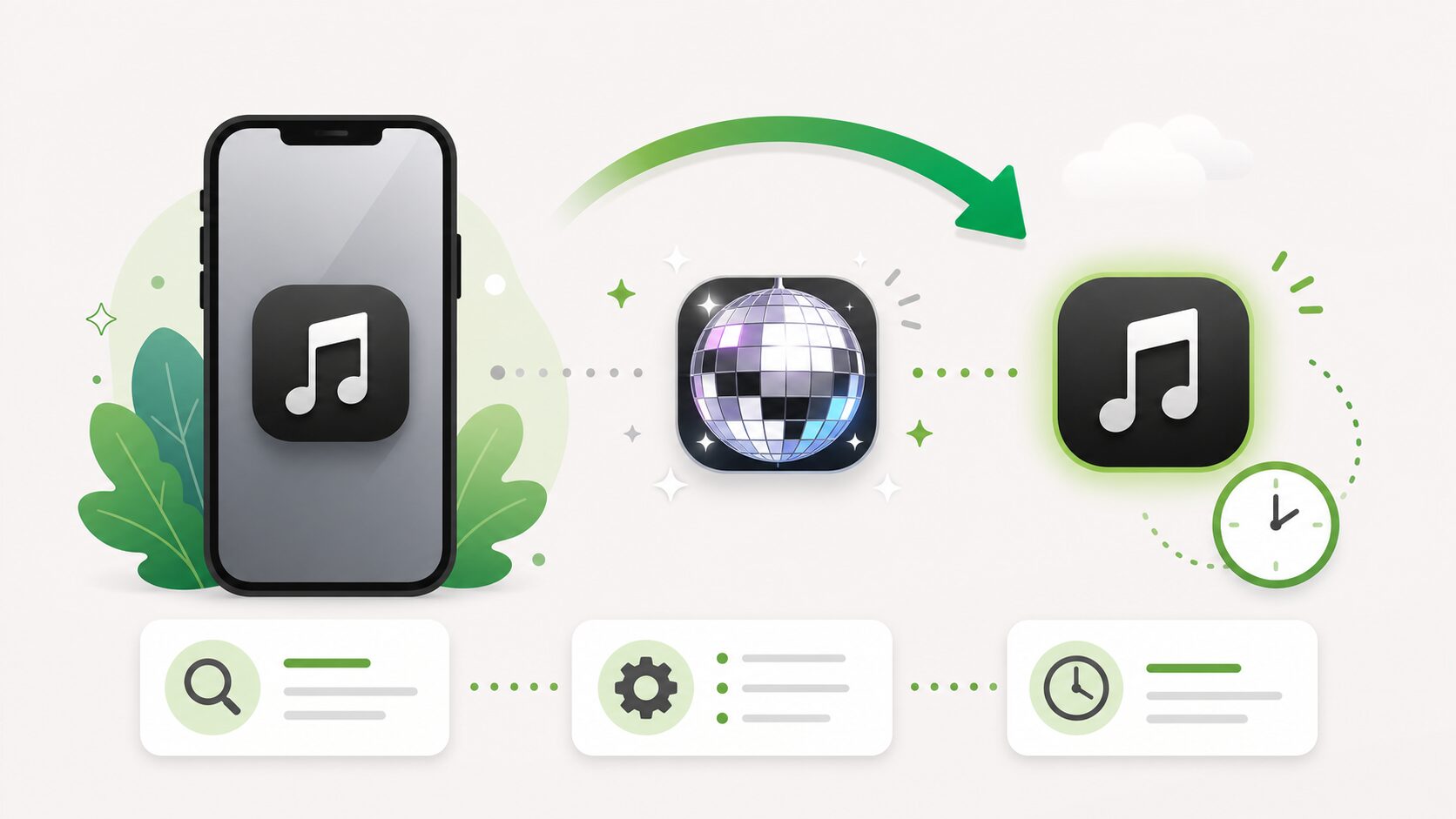 Spotifyのミラーボールアイコン変更と更新確認の流れを示すイメージ