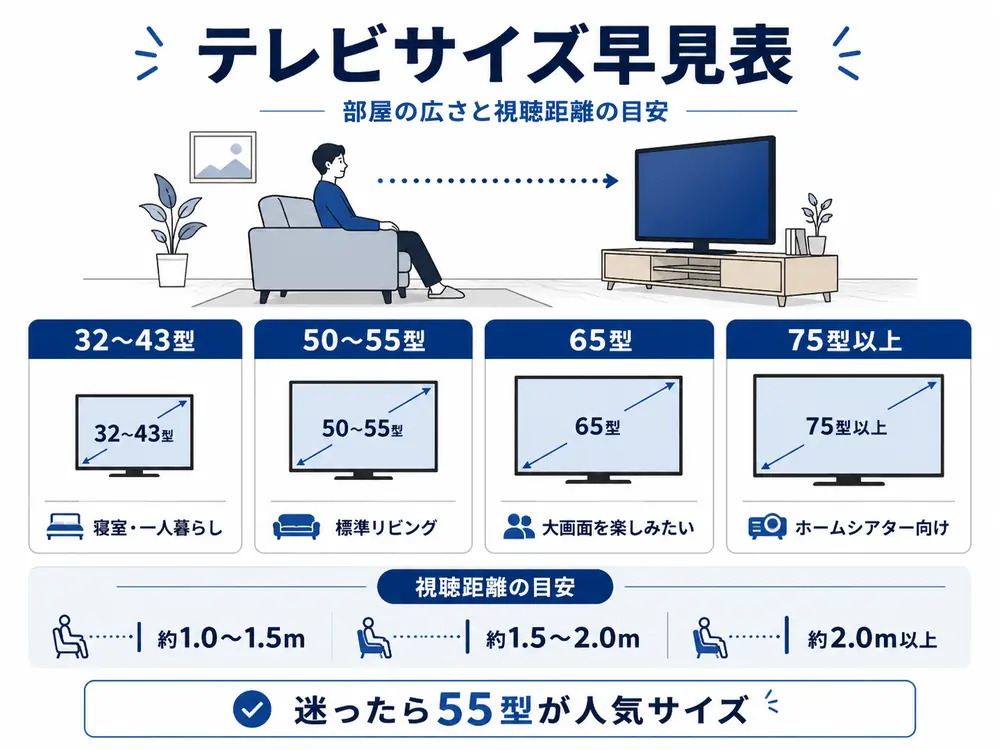 テレビサイズ早見表。32〜43型、50〜55型、65型、75型以上の選び方と視聴距離の目安