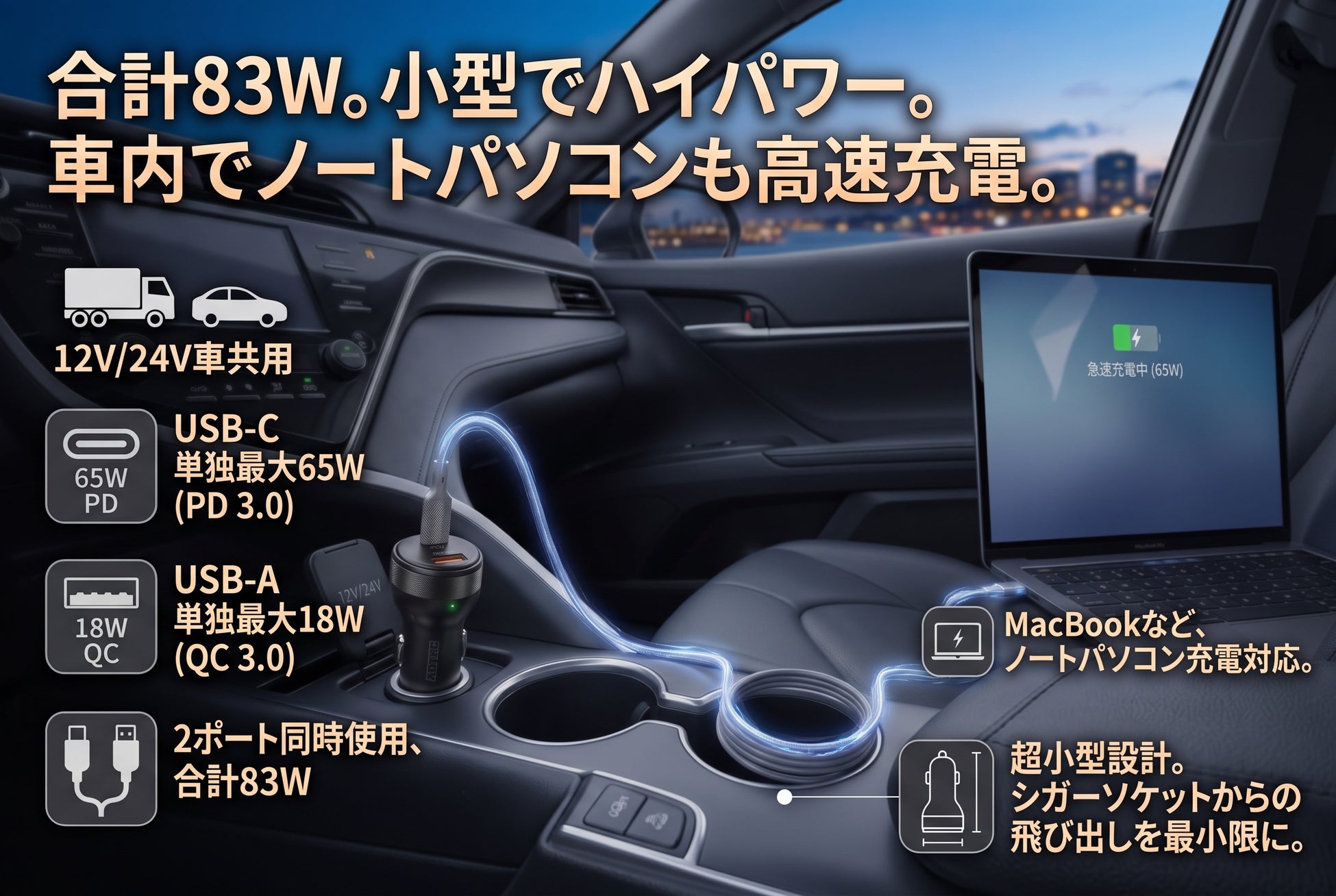 ACPD-V083ACの実製品と車内使用例、65Wと18Wの出力を示すアドテック公式画像