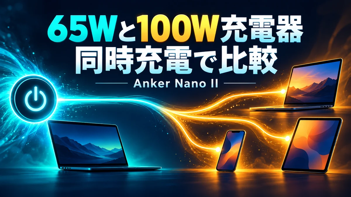 65Wと100W充電器/同時充電で比較/Anker Nano IIを示す比較記事のイメージ図
