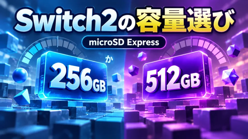 Switch2の容量選び／256GBか512GB？／microSD Expressを示す比較記事のイメージ図