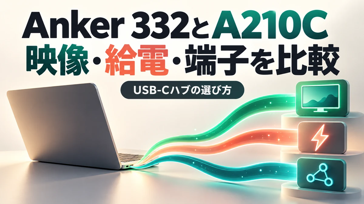Anker 332とA210C/映像・給電・端子を比較/USB-Cハブの選び方を示す比較記事のイメージ図